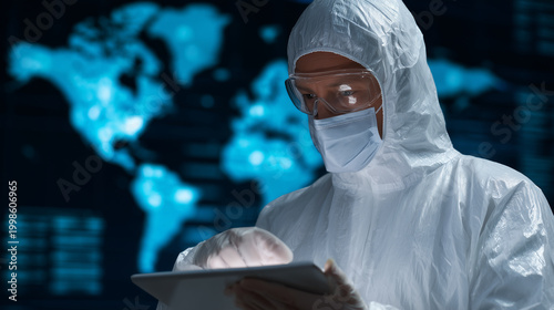 Epidemiologist in protective suit analyzing global virus outbreak dashboard, pandemic monitoring and public health concept, infection tracking, medical data, diagnostics and emerge
