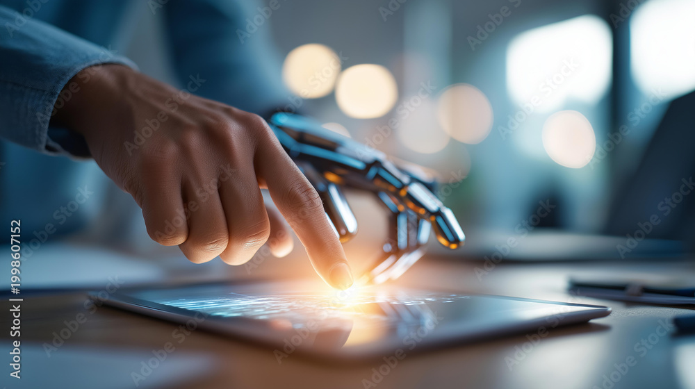 Obraz premium Close up of a human hand and a sleek robotic hand working together on a bright touchscreen device on a softly defocused office desk human robot collaboration future