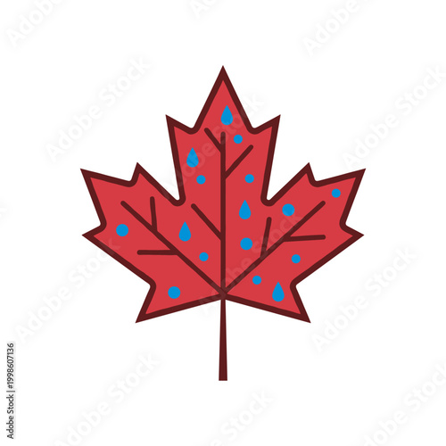 A vibrant red maple leaf with blue dewdrop-like dots scattered across its surface.