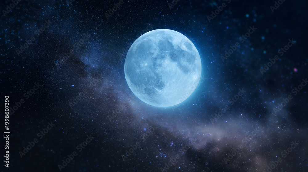 Obraz premium Blue full moon in starry night sky with Milky Way background, astronomy and celestial concept, cosmic landscape, deep space, lunar glow, galaxy, universe and dreamy night atmospher