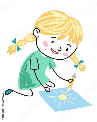 Young artist draws sunny scene, Blonde girl sketches bright sun with crayons carefully, Focused young girl with braided hair and green dress draws luminous sun on floor