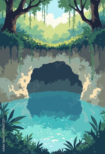 Cenote sinkhole crosssection underwater cave hanging vines Mexico