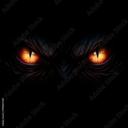 menacing creature eyes glowing orange in darkness