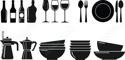 Black silhouette tableware set bottles glasses plates bowls and coffee pots
