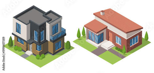 Isometric cottage icon. Suburb house composition with lawn vector illustration. Infographic element representing suburban building. Private house enterprises of real estate