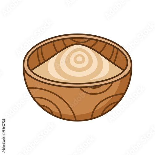 A cartoon illustration of a wooden bowl filled with light brown flour or powdered ingredient.
