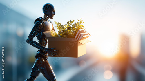 Low angle hero shot of a humanoid robot silhouette carrying a moving box filled with a potted plant and books against a bright softly defocused clean backdrop automation