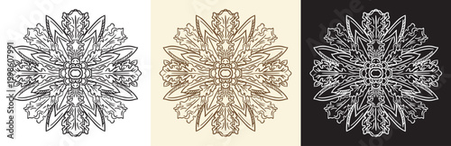 Hand drawing baroque round design element set in three colors vector