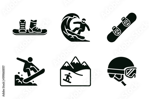 Snowboarding winter sport icon set solid black icon set vector illustration
