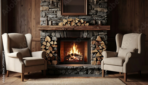 Cozy living room with crackling fireplace and modern armchairs in warm lighting