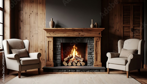 Cozy living room with crackling fireplace and modern armchairs in warm lighting