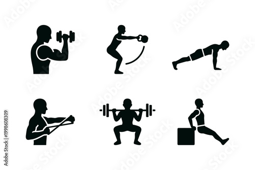 Fitness workout icon set solid black icon set vector illustration