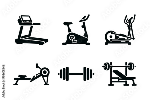 Gym equipment icon set solid black icon set vector illustration