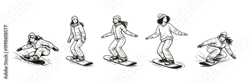 Women snowboarding sketch set winter sport line art collection