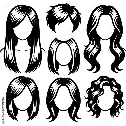 Set of six black and white hairstyle illustrations for fashion and beauty design