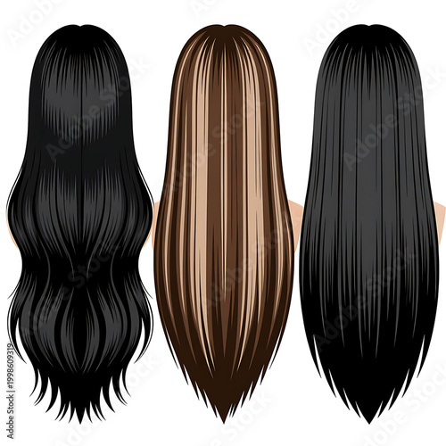 Three long hair wigs in black and brown shades isolated on white background