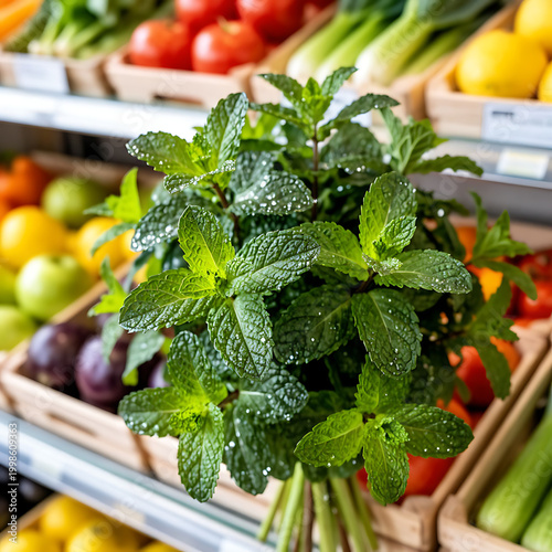 Fresh mint bunch in wooden crate at vibrant farmers market display