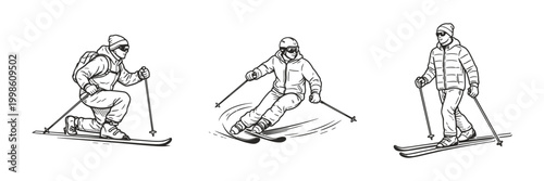 Skiing winter sport icon set black outline vector illustration