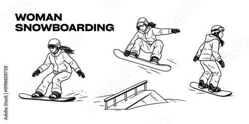 Women snowboarding icon set outline vector illustration