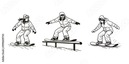 Women snowboarding icon set outline vector illustration