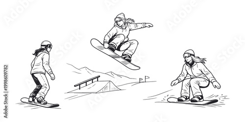 Women snowboarding icon set outline vector illustration
