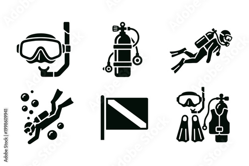 Scuba diving icon set solid black icon set vector illustration