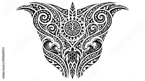 Polynesian tattoo pattern in abstract tribal style, black and white, symbolic cultural design