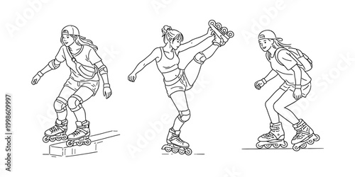 Women roller skating icon set outline vector illustration