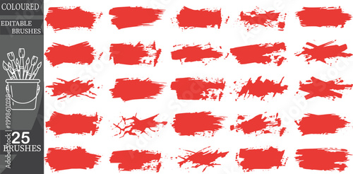Red paintbrush strokes, colored edible brushes, 25 art supplies, vector illustration