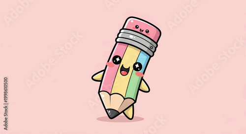 Vibrant and cheerful cartoon pencil icon in rainbow colors, featuring a cute smiling face for art, education, or playful design projects