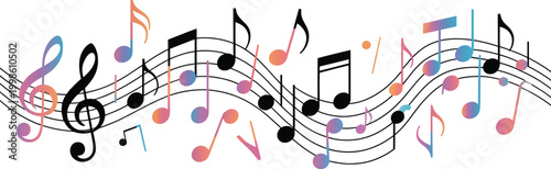 Colorful Musical Notes on Wavy Staff Lines - Creative Melody and Song Theme Vector Illustration