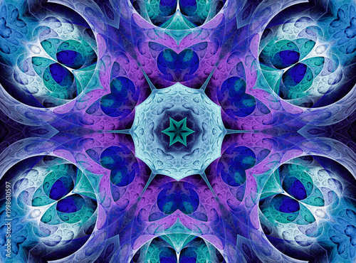 Openwork seamless fractal radial pattern. The holey layered planes create an abstract flower-like pattern. 3D rendering. 3D illustration.