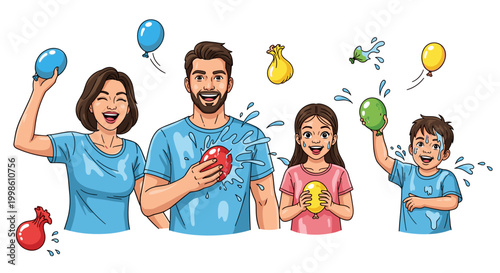 A cheerful and active family of four, including two smiling parents and two happy children, is joyfully engaged in a refreshing summer water balloon fight outdoors.