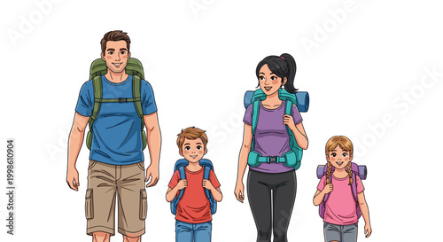 A happy family consisting of two parents and their two children is fully prepared for an adventurous hiking trip outdoors.
