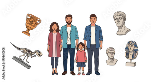 A diverse family with two parents and two children is admiring historical artifacts and a dinosaur skeleton display in a museum.
