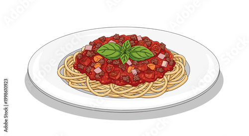 A delicious plate of classic spaghetti is generously topped with a rich, chunky red sauce and fresh green basil leaves.