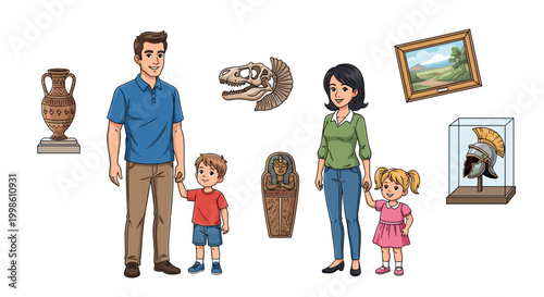 A curious family, consisting of a mother, father, and two young children, explores a museum surrounded by various historical and artistic artifacts.