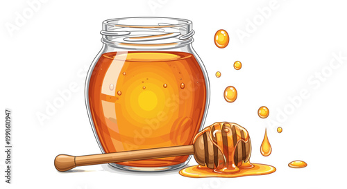 A clear glass jar filled with rich, golden honey and a wooden dipper resting beside it, with glistening drips of honey, isolated on white.