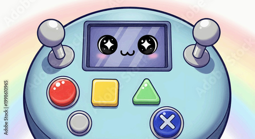Kawaii Retro Video Game Controller with Cute Cartoon Face and Rainbow Background