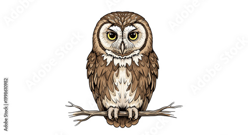 A detailed illustration of a wise brown owl with striking yellow eyes perched calmly on a bare wooden branch against a pristine white background.