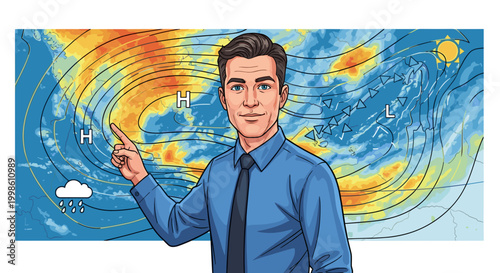 A confident meteorologist, pointing definitively at a dynamic weather map filled with atmospheric pressure systems and storm clouds, delivers an important forecast.