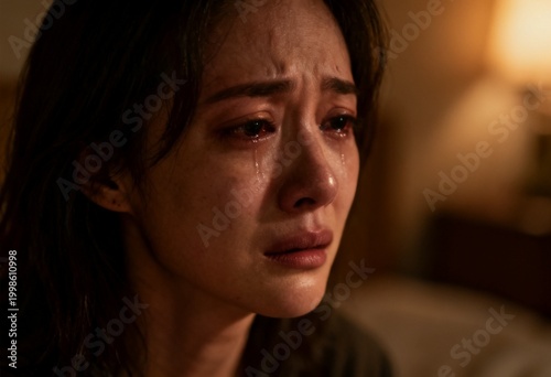 A close-up photo of a sad woman inside her room, dimly lit.