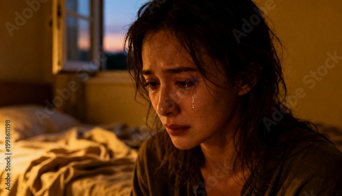 A close-up photo of a sad woman inside her room, dimly lit.