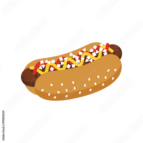 A classic hot dog with mustard and ketchup on a sesame seed bun, ready to eat.
