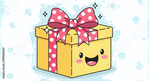 Cute yellow gift box with pink polka dot ribbon and a happy face, perfect for celebrations and special occasions