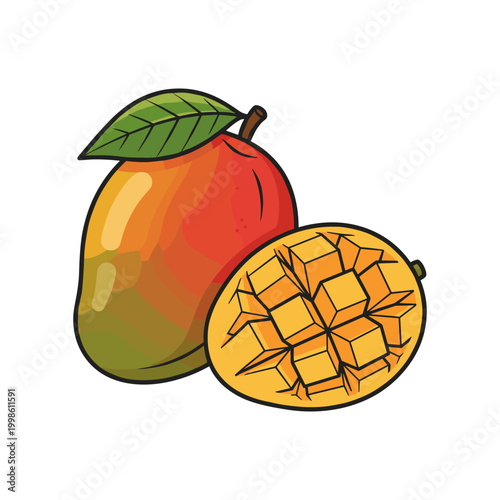 A whole ripe mango next to a half-cut mango with its textured yellow flesh exposed.