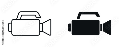 TV camera icon set, video recording and broadcasting equipment concept in line and solid style. vector illustration.

