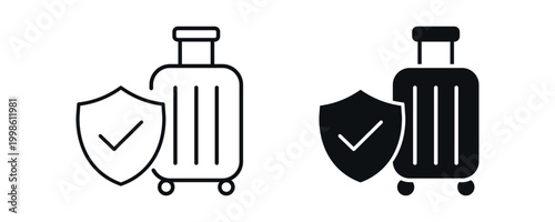 Travel insurance icon set, protected luggage and trip safety concept with shield in line and solid style. vector illustration.

