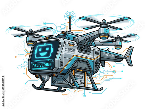A futuristic gray and blue drone helicopter with spinning propellers and a DELIVERING screen on its front, surrounded by circuit board lines and hexagons on a white background.