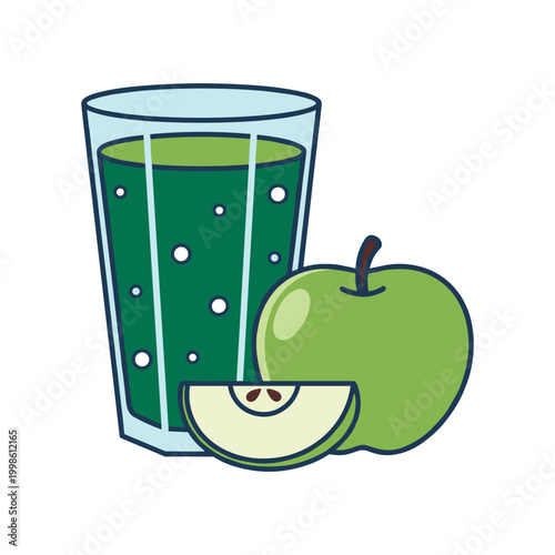 A tall glass of fresh green apple juice sits beside a whole apple and a crisp slice.